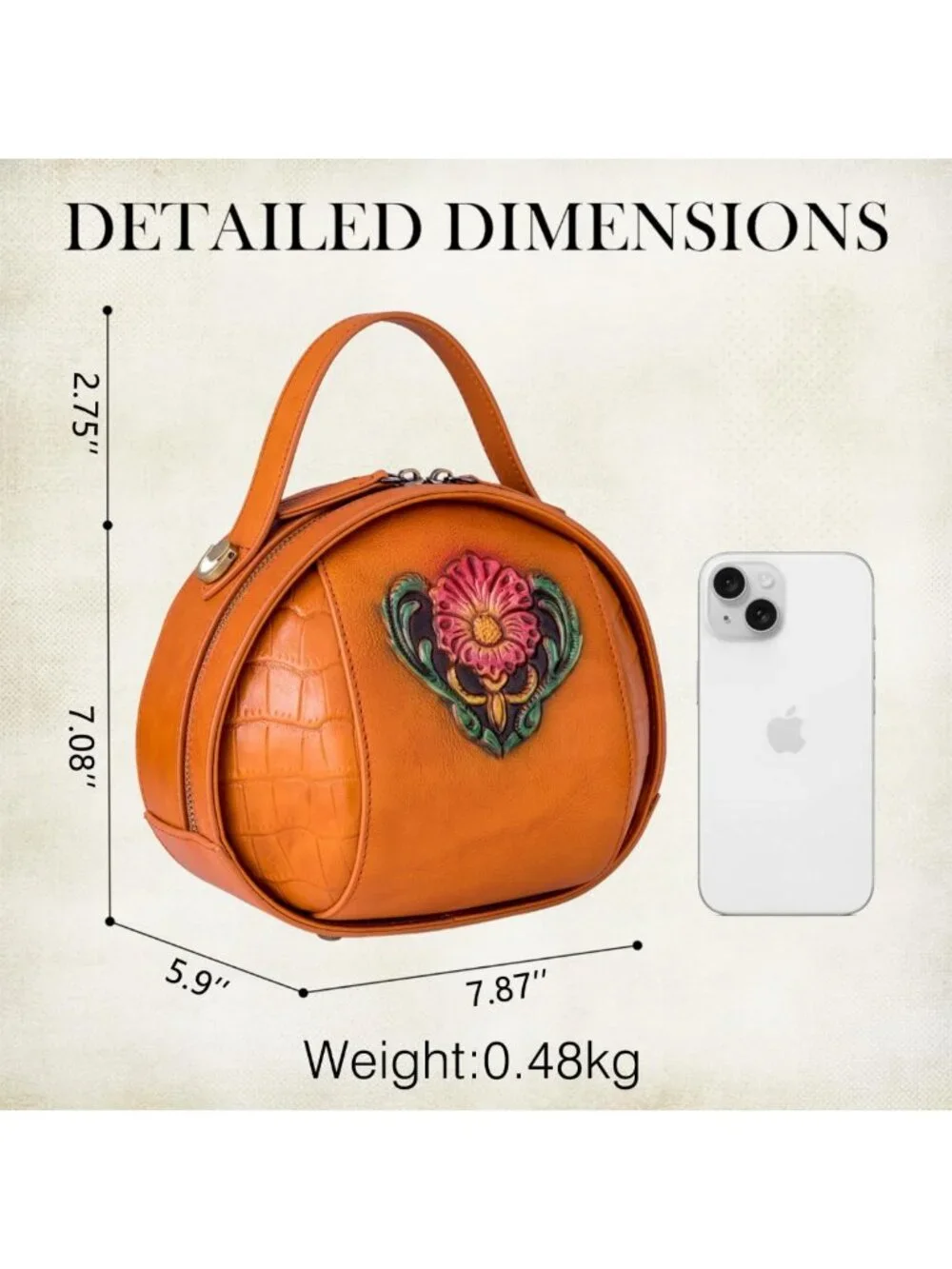 Vintage Leather Crossbody Bag for Women - Embossed Flower Design, Structured